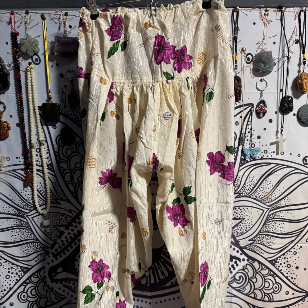 🌹100% SILK ETHNIC Floral Cream PANTS